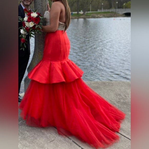 Tiffany Champagne strapless rhinestone embellished red mermaid prom gown 16 - Picture 3 of 7